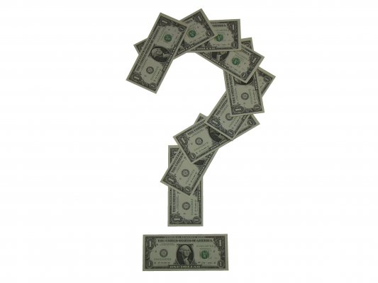 verispy pricing white background dollar bills in form of a question mark